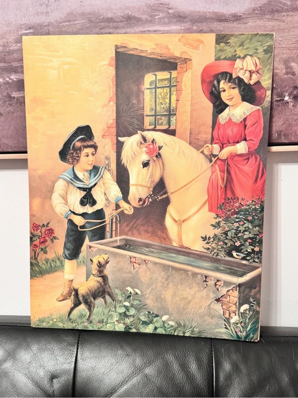 ANTIQUE GERMAN LITHOGRAPH POSTER PRINT / CHROMOLITHOGRAPH CHILDREN HORSE DOG
